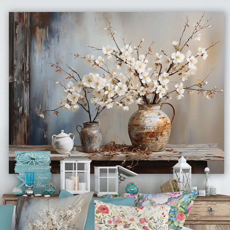 Art mural, poterie et fleurs, H 30 po x l 40 po x P 1,5 po, Toile tendue