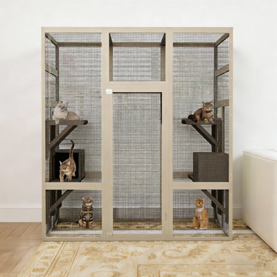 70'' Outdoor Catio, Cat Enclosure Window Access Feral Cats Shelter with Waterproof PC Roof, 5 Platforms and 2 Resting Box Cat Cage for Patio, Backyard