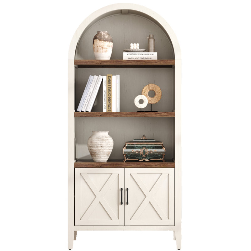 71" Tall Farmhouse Arched Bookcase With Doors And Open Shelf