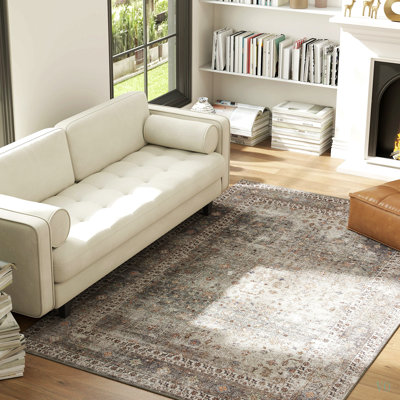 Tapis 5x7, lavable à la machine, antidérapant, pliable, style traditionnel, pour salon, chambre, salle à manger, brun foncé.