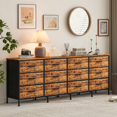70 Inch Media Dresser TV Stand Fits Up to 80 Inch TV, 12 Fabric Drawer Entertainment Console with Built-In Charging Station, Anti-Tip Storage Cabinet for Bedroom, Living Room & Entryway, Brown