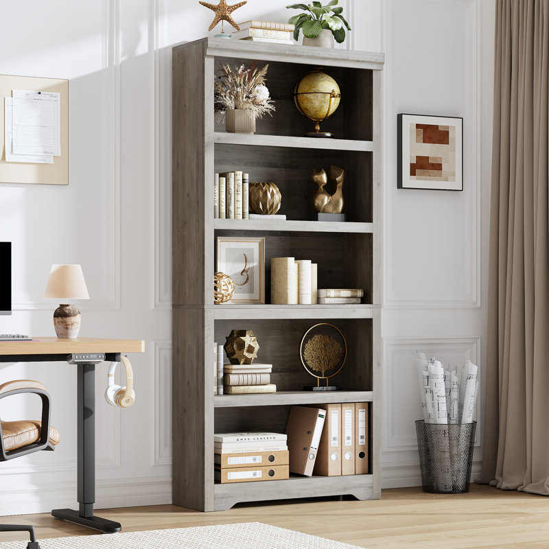 5-Tier Farmhouse Bookcase with Adjustable Shelves, Floor Standing Open Display Storage Rack, Anti-Slip Design, Gray
