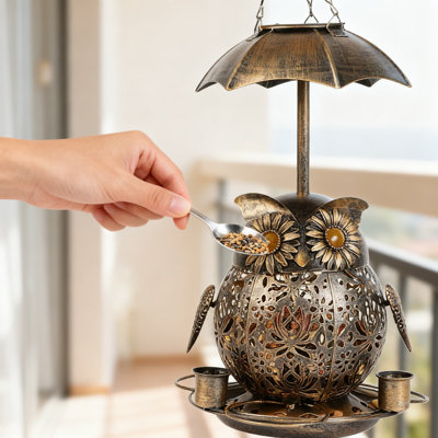 Mangeoire solaire pour oiseaux avec lumière - Mangeoire pour oiseaux extérieure résistante aux écureuils, ports d'alimentation à 360 °, fabrication en métal durable, facile à nettoyer et à remplir, décoration de jardin et cadeau de la faune