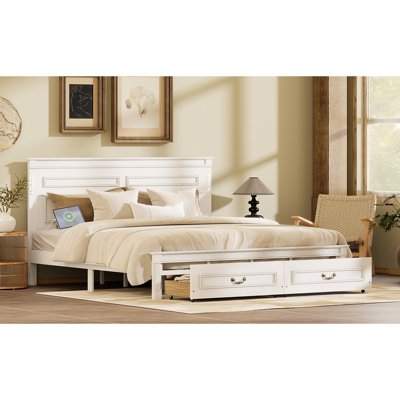 White King Size Bed With Pine Construction, Tall Headboard, , Led Lights, And 2 Under Storage Drawers, Design For Bedroom