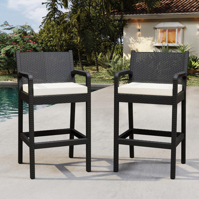 Set of 2 30" Patio Bar Stools with Cushions, Wicker Bar Chairs for Backyard, Garden, or Poolside