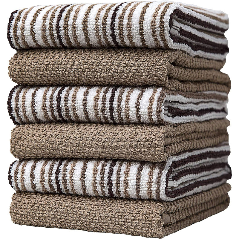 Essuie-tout de qualité supérieure (16 po x 26 po, paquet de 6) | Grandes essuie-mains de cuisine en coton | Popcorn rayé | Torchons | Ensemble de torchons 430 g / m² très absorbants avec boucle de suspension