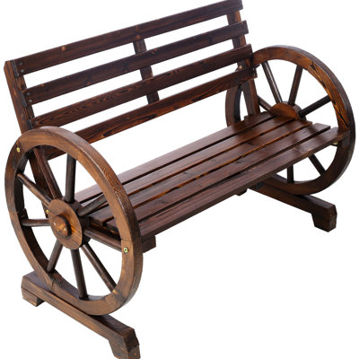Ophelia & Co. Rustic Brown Wooden Wagon Wheel Bench - Comfy For Two Outdoors Outdoor In 2 Person Charm