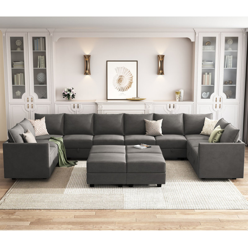 Tremee Velvet Upholstered Modular Sectional Sofa with Ottoman, Gray Velvet