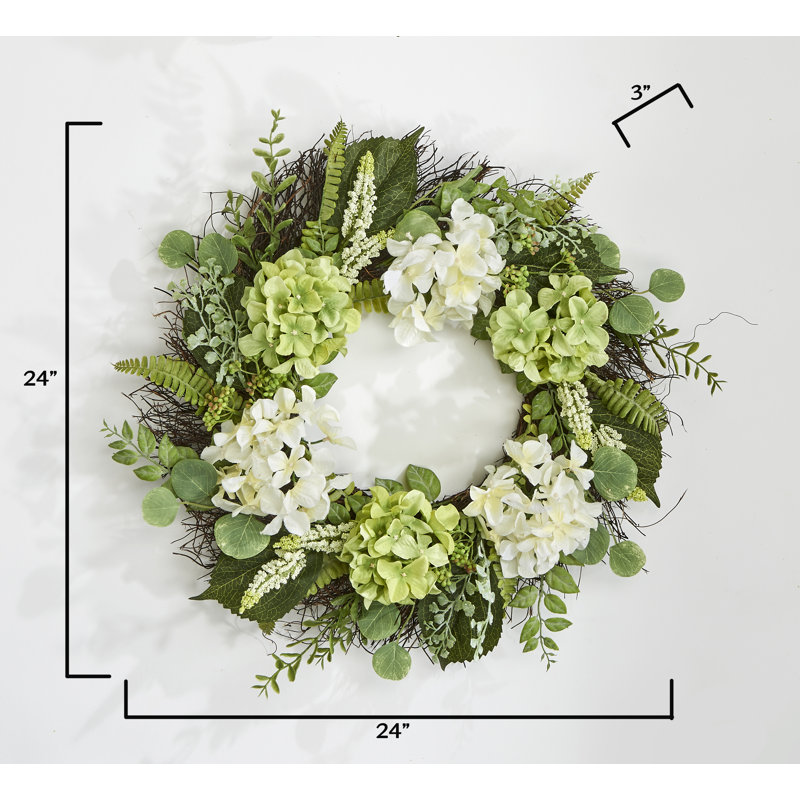 24" Artificial Hydrangea Wreath on Twig Base, White