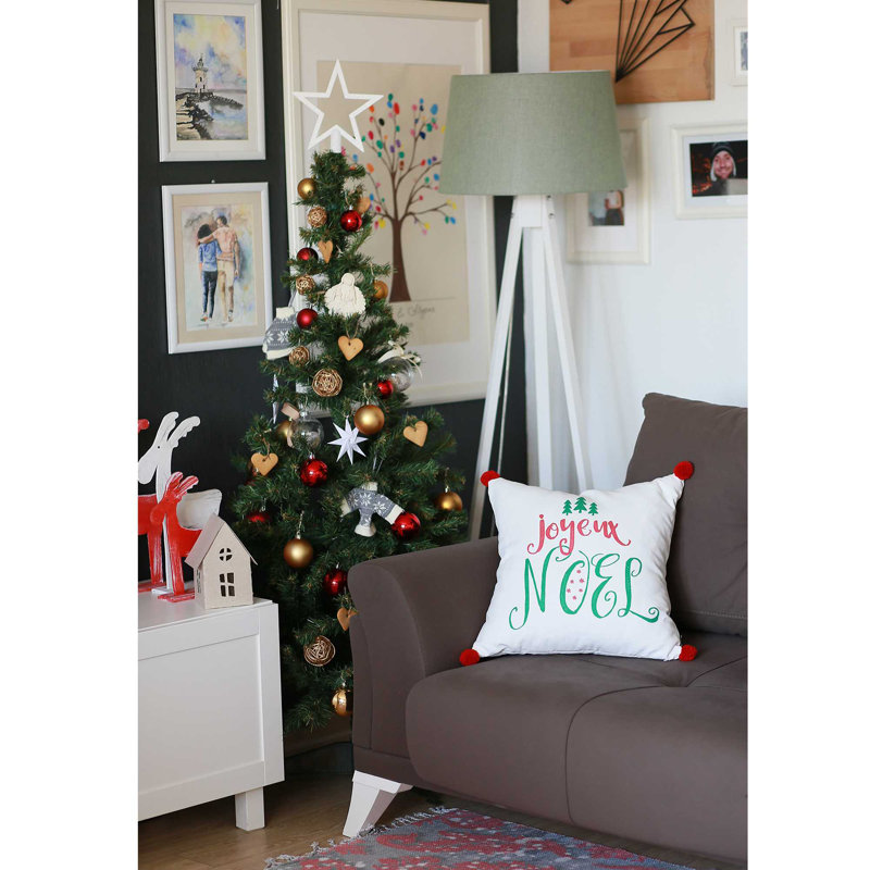 Christmas Joyeux Noel White and Red Throw Pillow Cover with Pompoms