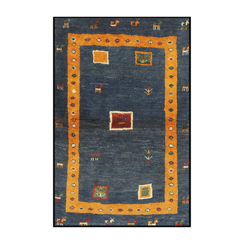 Tapis contemporain bleu / jaune, Rectangle 7 pi x 10 pi