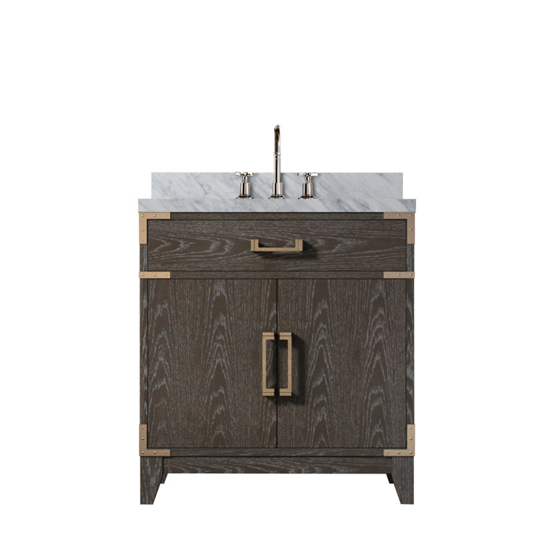 Meuble-lavabo simple en chêne brun 30 po X P 22 po D, dessus en marbre de Carrare et ensemble de robinet, Chêne brun