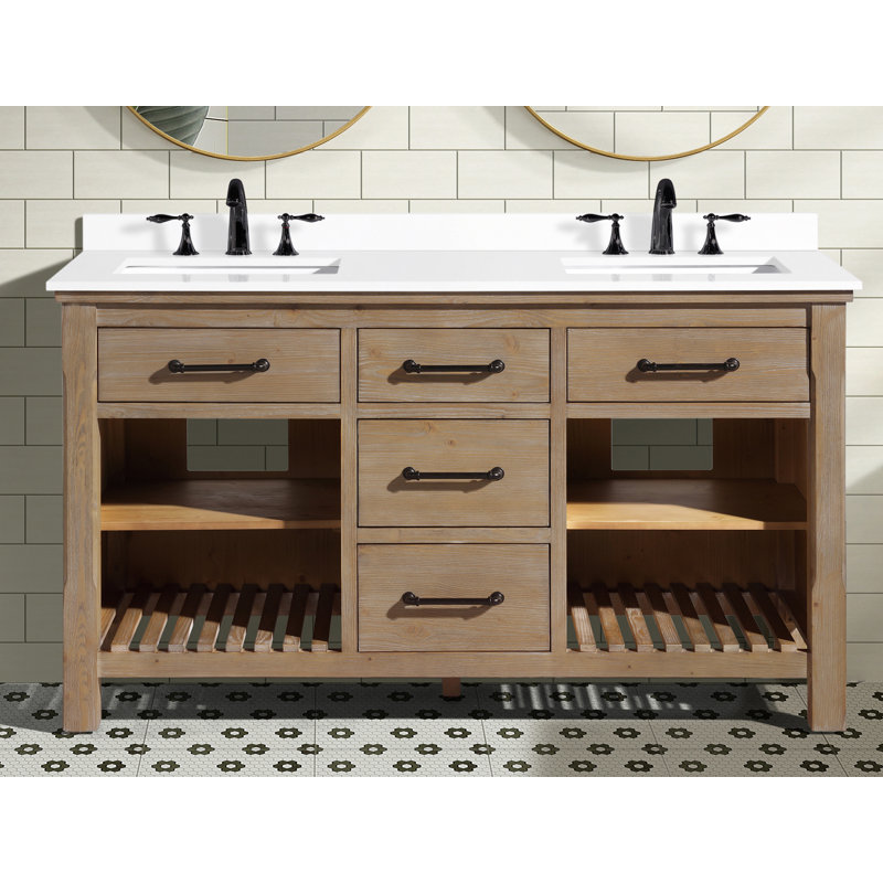 Lauren 60'' Double Bathroom Vanity with Top, White Engineered Stone Countertop