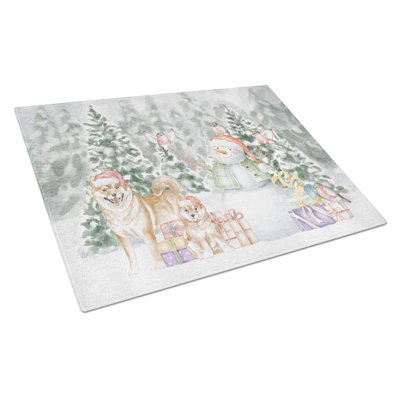 Shiba Inu Adult And Puppy With Christmas Presents Glass Cutting Board Largecutting Board
