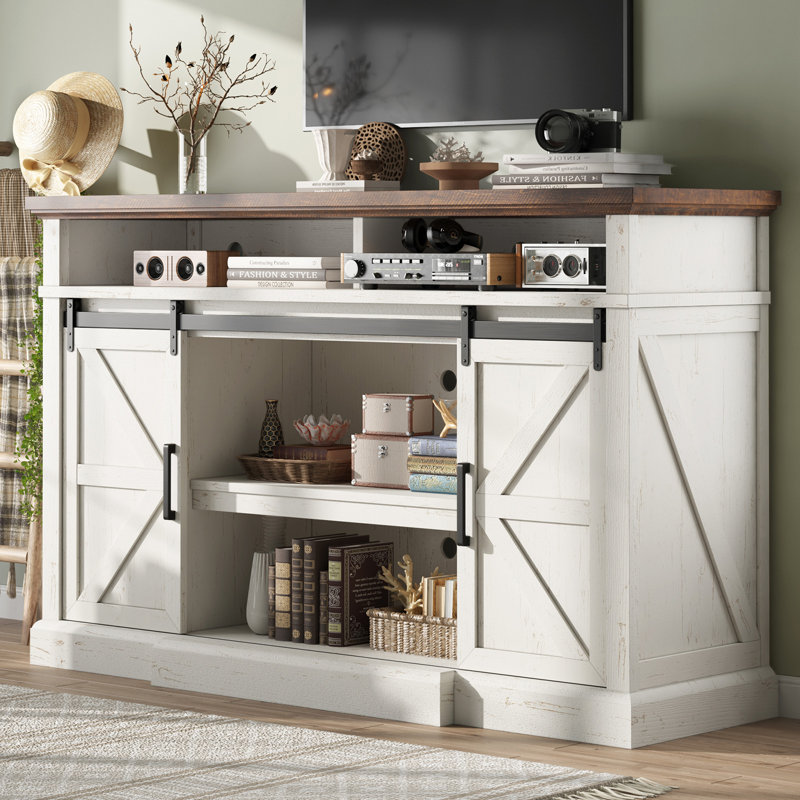 Allen 66" W Farmhouse TV Stand with Sliding Barn Door & Large Storage Shelves,White, White