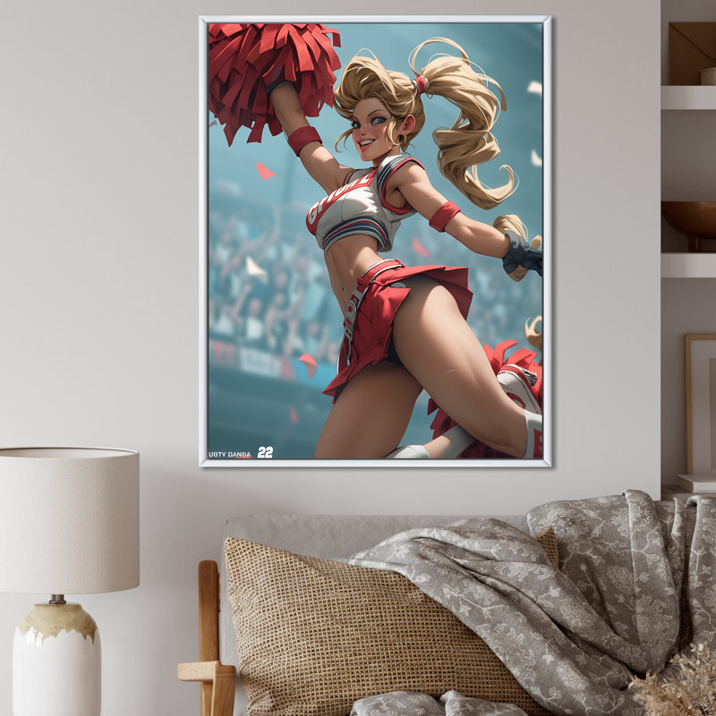 «Playful Dancing Cheerleader» sur toile, Cadre flottant blanc, H 40 po x l 30 po x P 1,5 po