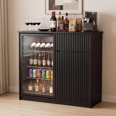 Mini armoire de réfrigérateur avec prise de courant, armoire à café de 38,2 po de largeur avec espace réfrigérateur, armoire à vin moderne avec rangement et support à vin, buffet pour la cuisine, salle à manger, noir
