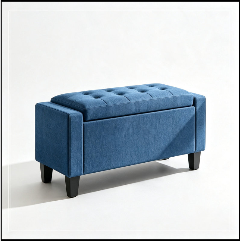 Rangement capitonné avec pieds en bois, Bleu