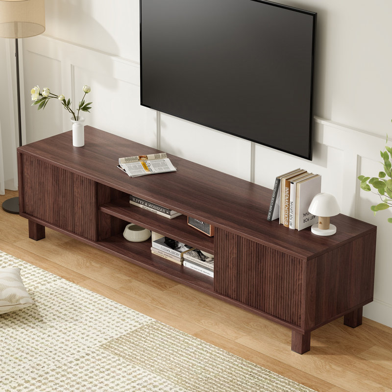 Meuble télé moderne, rangement et tablettes ouvertes pour téléviseur de 70 po Modern, Brun