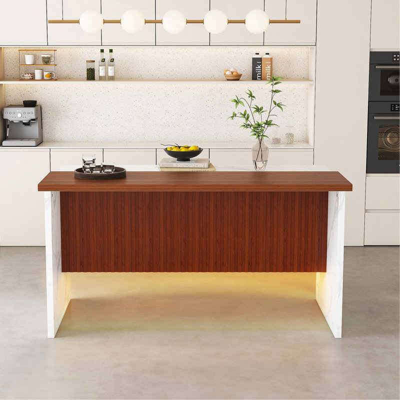 63" Modern Kitchen Island With Marble-Look Surface, LED Lights & Grille Design For Dining Room, Living Room, White