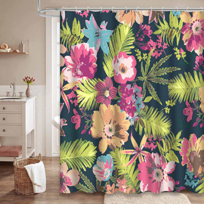 Rideau de douche imperméable à motif de fleurs tropicales à motif floral hawaïen avec 12 crochets