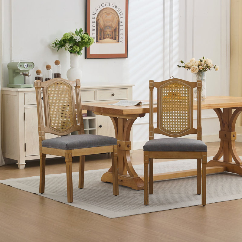 Solid Wood Rattan-Back Dining Chair, Gray