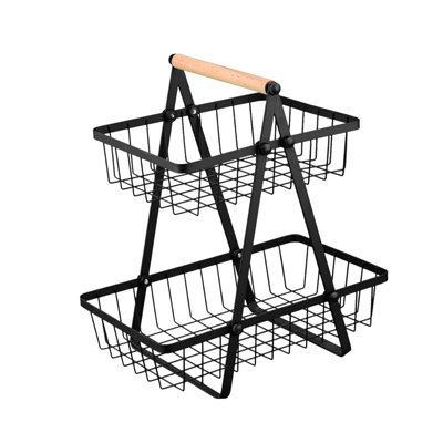 2-Tier Portable Fruit Basket Kitchen Storage Organizer + Detachable Metal Basket