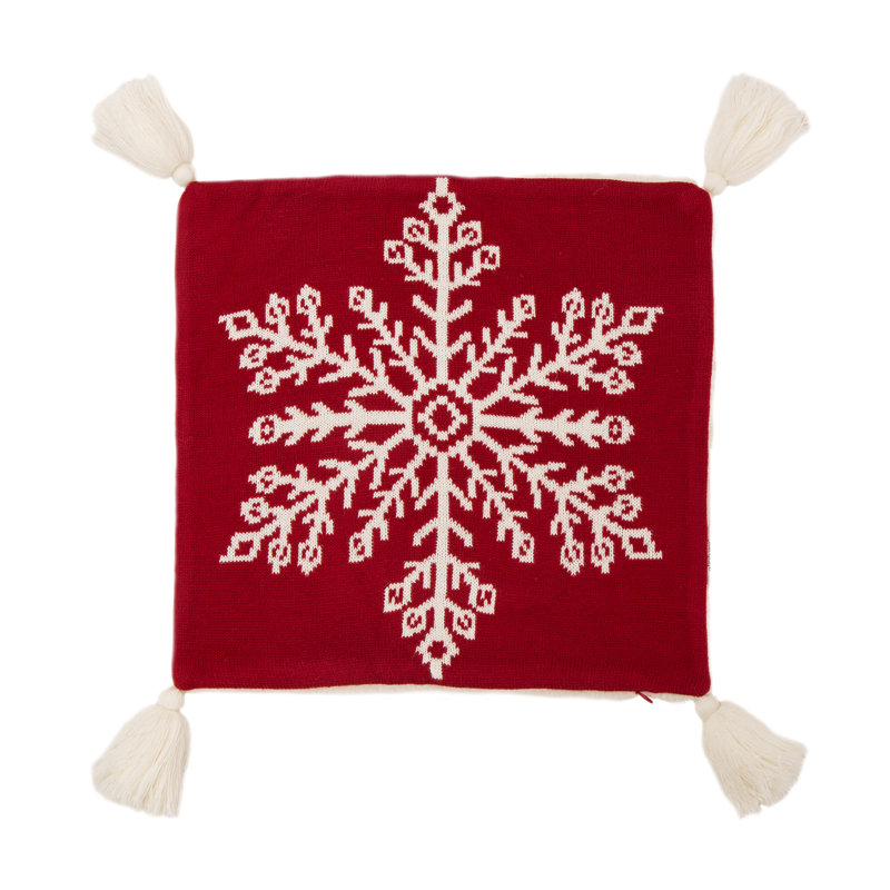 Red Knitted Snowflake Pillow Cover with Tassels