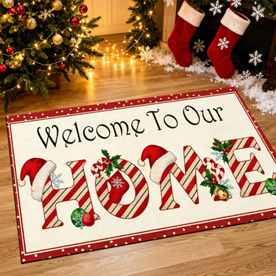 Tapis de porte antidérapant pour l'intérieur et l'extérieur, 61 x 91 cm, motif typographique rouge « Fêtes ».