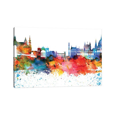 Budapest Colourful Watercolour Skyline by WallDecorAddict - Wrapped Canvas Painting