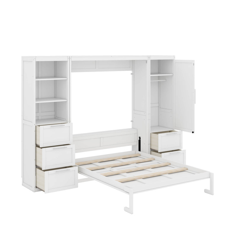 Grand lit escamotable avec tiroirs et tablettes, Blanc