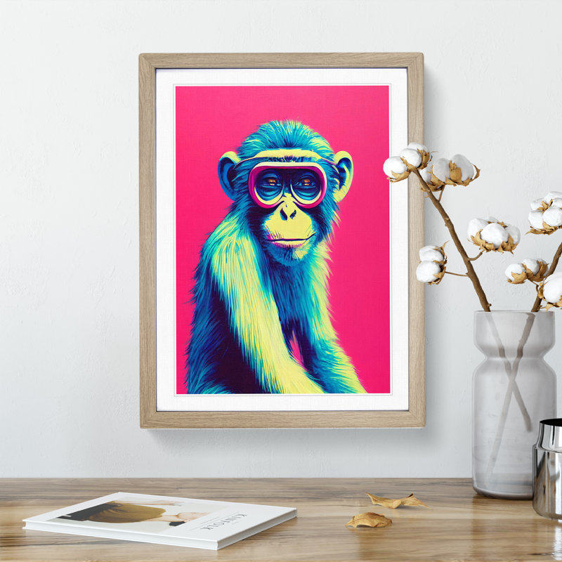 Colourful Monkey - Single Picture Frame Print, 64cm H x 46cm W x 2cm D, Oak