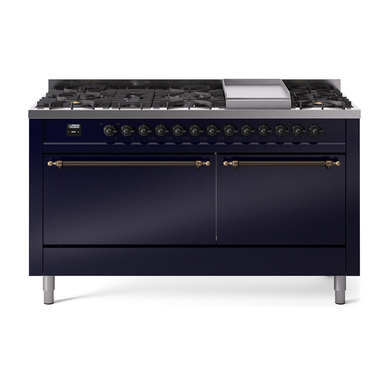 ILVE Nostalgie II Series 60 inch Dual Fuel Range with 9 Sealed Burners, Griddle (Solid Door), Natural Gas, Blue/Burnished