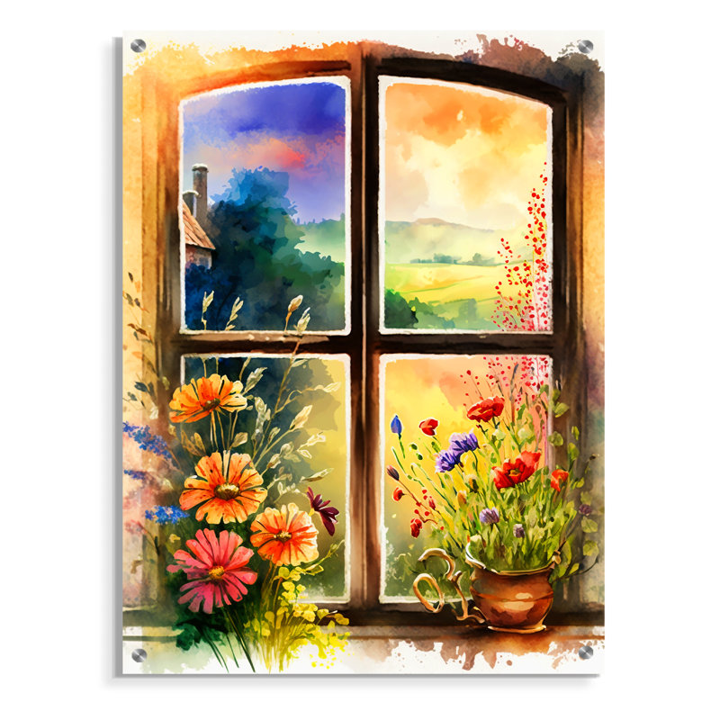 Été coucher de soleil floral fenêtre II - ferme fenêtres, art mural acrylique, H 32 po x l 24 po