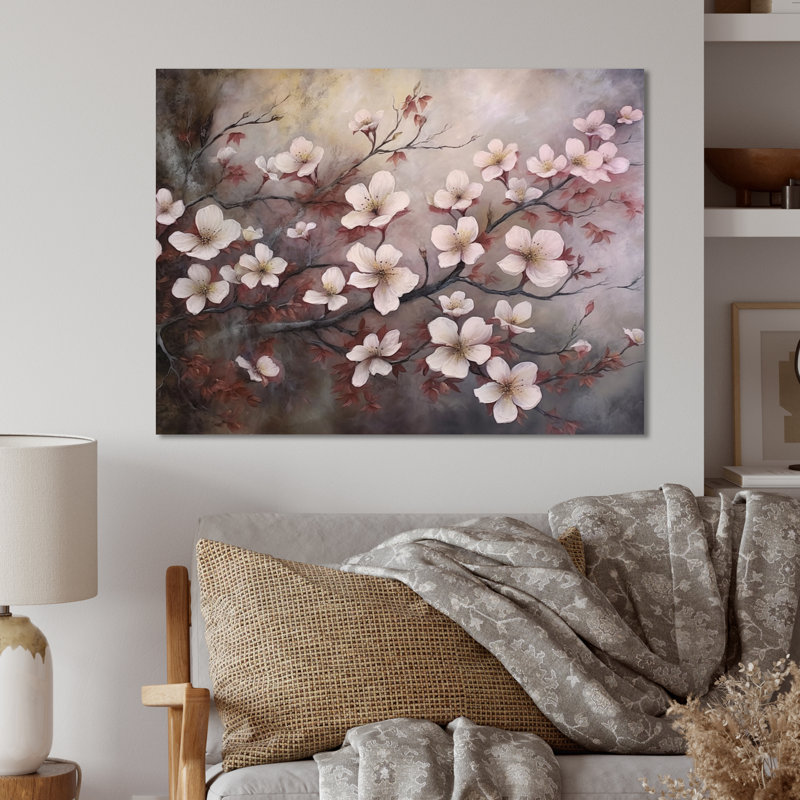 Rose et gris cornouiller Elegance I - art mural floral en métal dans le salon, H 16 po x l 32 po x P 1 po