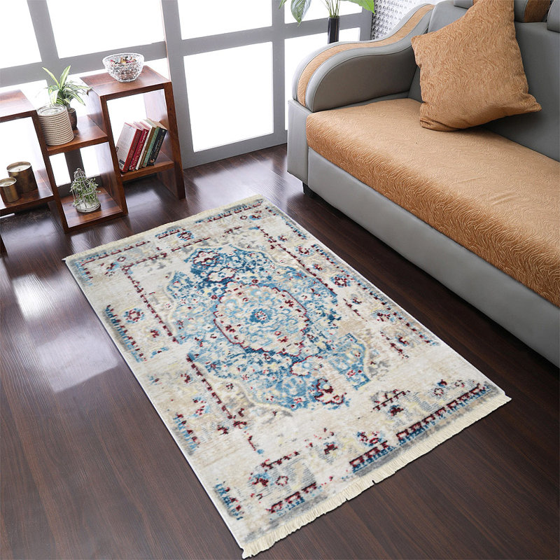 Crayton Machine Made Polyester Area Rugs - Rectangle, Ivory Blue Color, Oriental Design, Low Pile Machine Made Area Rugs for Living Room, Bed Room