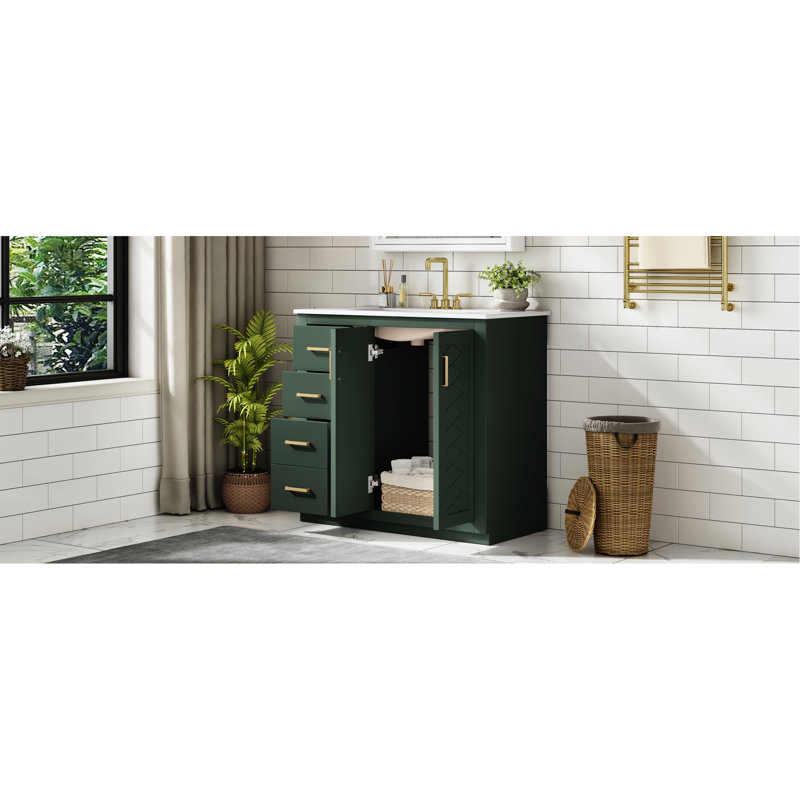 Meuble-lavabo de 36 pouces avec lavabo en céramique, structure en bois massif, 3 tiroirs, mécanisme, design rétro, portes 36 po, quincaillerie exquise, rangement spacieux, style moderne