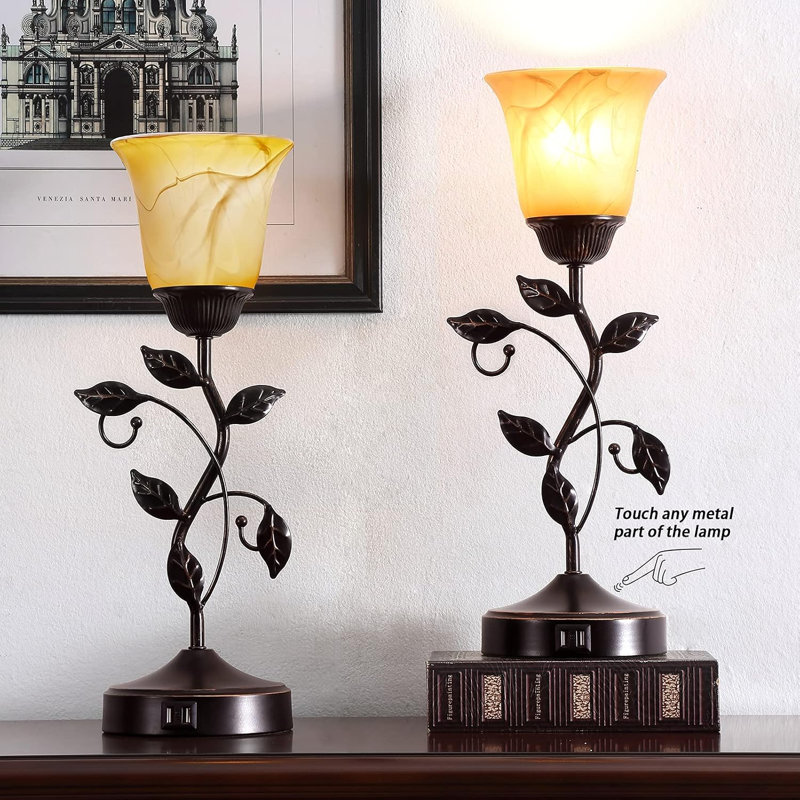 Lampe de table vintage en forme de feuille à commande tactile avec variateur à 3 niveaux et 2 ports USB C+A