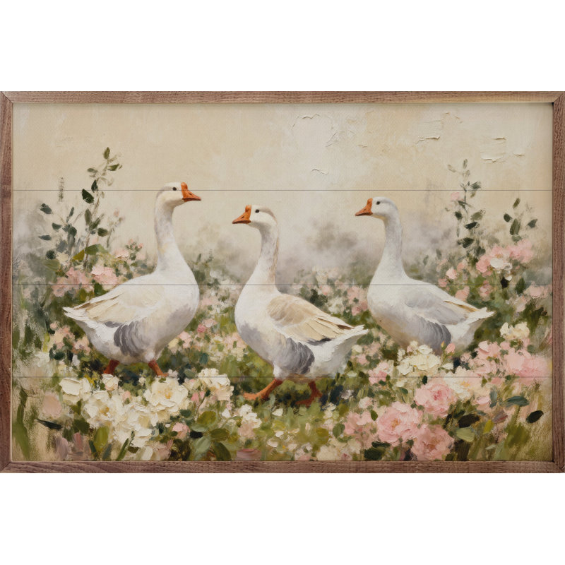 Oies blanches en rose et fleurs blanches, H 16 po x l 24 po