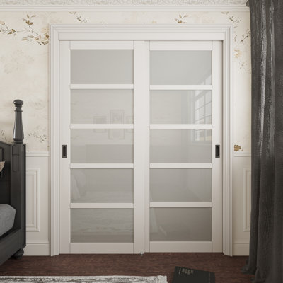 80"  White 5 Lite Tempered Glass Closet Sliding Door With Hardware Kit & Sliver Handles