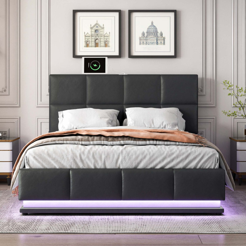 Tufted Upholstered Platform Bed with Hydraulic Storage System, LED Lights and USB, Queen, Black
