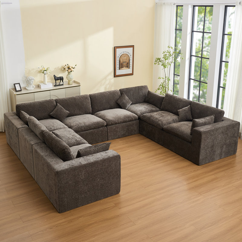155'' Cloud Compression Sectional Couch, Brown Chenille