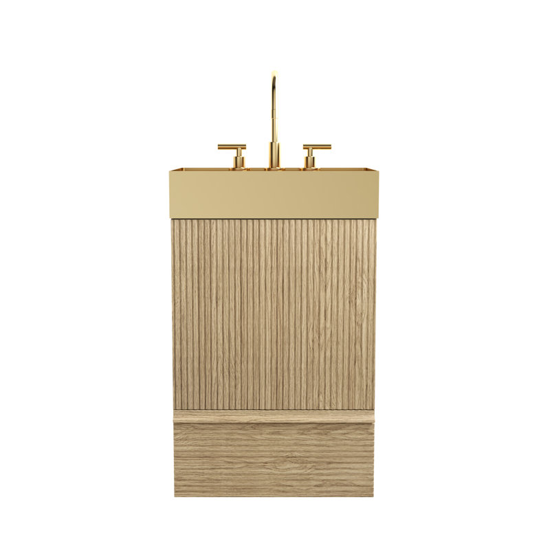 Meuble-lavabo rayé en chêne clair 20 po avec lavabo intégré en métal brossé doré Gada, Noir, Chêne clair