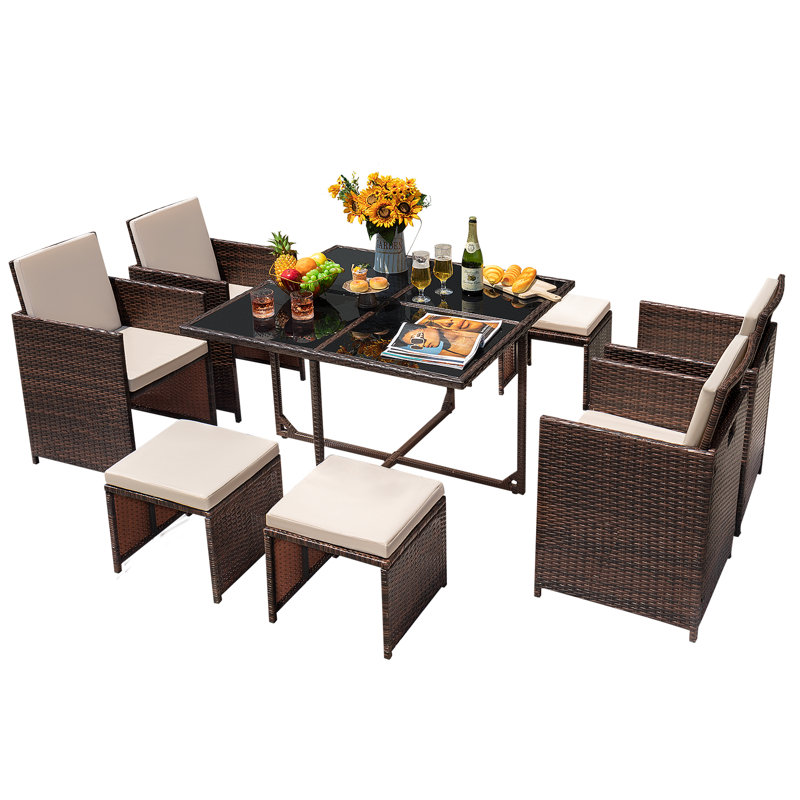 Angelos 8 - Person Wicker Patio Dining Set with Rectangular Table , Cushions Included, Beige