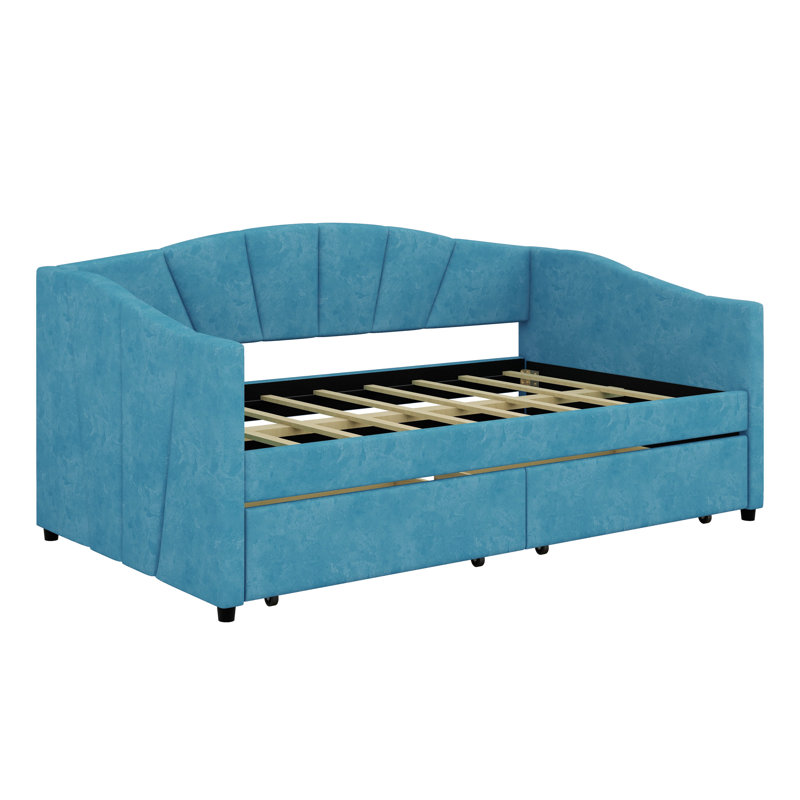 Twin Size Upholstered Daybed With Two Drawers, Sofa Bed With Wood Slat Support, No Box Spring Needed, Blue