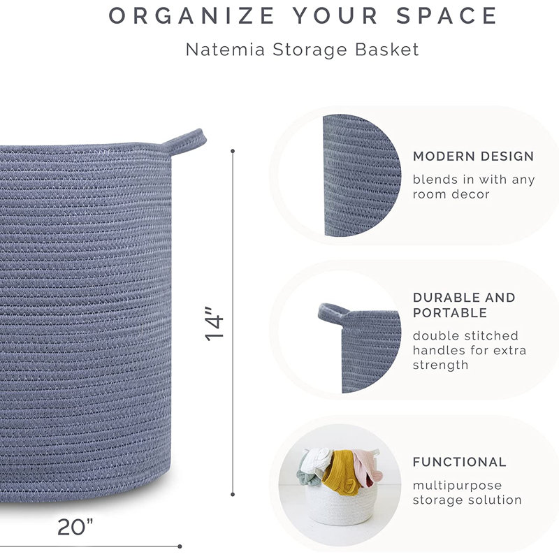 Panier à linge en coton, H 14 po x l 20 po x P 20 po, Gris foncé