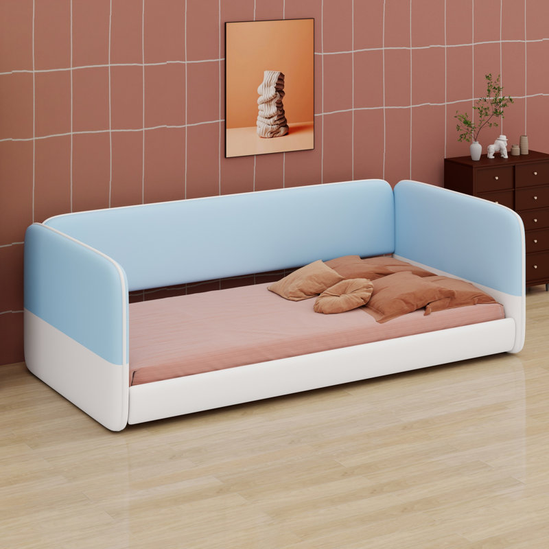 Lit de plancher de style Montessori avec tête de lit tapissier, accoudoirs et côtés protecteurs,, Blue