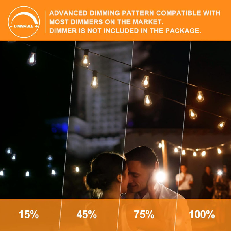 100FT Outdoor String Lights LED Dimmable Patio Lights String Waterproof with 50+2 Shatterproof Bulbs, Black