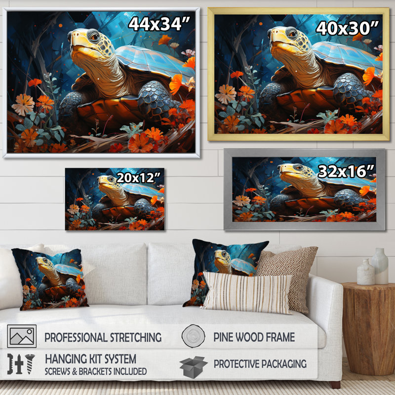 «Turtles Journey», collage floral sur toile, H 30 po x l 40 po x P 1,5 po, Cadre flottant blanc