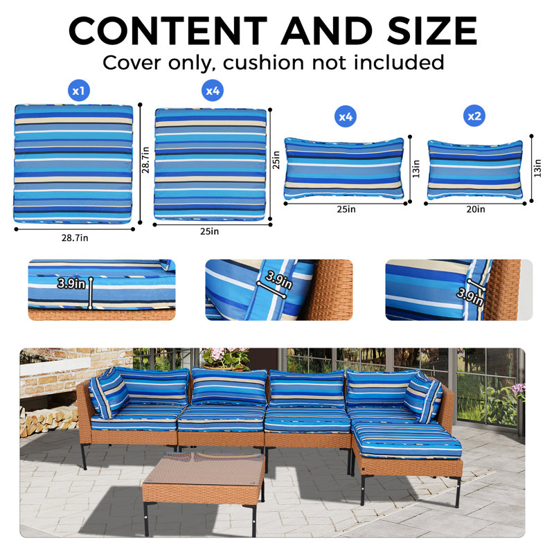 11 Pack Outdoor Patio Cushion Slipcovers, Waterproof Replacement Cushion Covers for Sectional Sofa Couch, Patio Furniture Seat Backrest Armrest Cushion Protector, Blue 5-Striped (Covers Only, No Cushion Inserts)